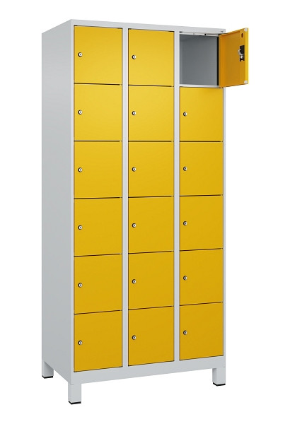 C+P Schließfachschrank Evolo PLUS, mit Füßen, 18 Fächer, 1950x900x500mm, 7035/1, Frontfarbe RAL 1004 Goldgelb, 049010-306 S10000