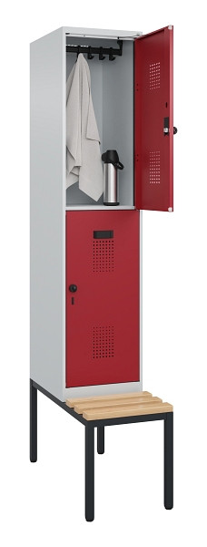 C+P Doppelstock-Spind Evolo PLUS, Bank, 2 Fächer, 2120x400x815mm, 7035/3003, Drehriegel, Sitzfläche Buche-Hartholz, Sitzbank, 0493507-12 S10004