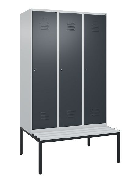 C+P Umkleidespind Classic PLUS, mit untergebauter Sitzbank, 3 Abteile, 2120x1200x815mm, 7035/7016, Zylinderschlösser, 0800507-32 S10023