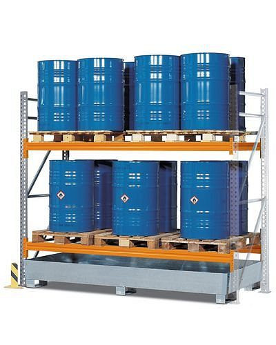 DENIOS Palettenregal PR 27.25 für 6 Euro- oder 4 Chemiepaletten, mit 2 Lagerebenen, Anbaufeld, 199630