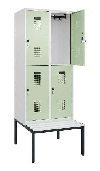 C+P Doppelstock-Spind Evolo PLUS, Bank, 4 Fächer, 2120x800x815mm, 9016/6019, Drehriegel, Sitzfläche Kunststoff, Sitzbank, 0493507-22 S10100