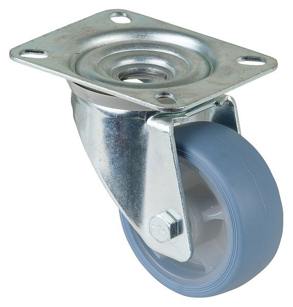 BS Rollen Transportrolle Lenkrolle, thermoplastisches Gummirad, Reifen lichtblau, Rollenlager, Platte, Durchmesser: 80 mm, VE: 4 Stück, L400.B44.081.05
