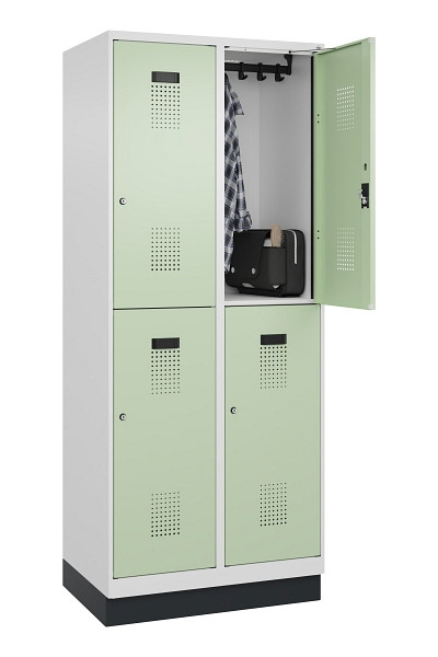 C+P Doppelstöckiger Spind Evolo PLUS, mit Sockel, 4 Fächer, 1950x800x500mm, 9016, Frontfarbe RAL 6019 Weissgrün, Zylinderschloss, 049320-22 S10046