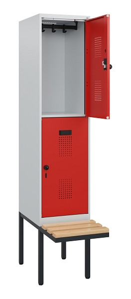 C+P Doppelstock-Spind Evolo PLUS, Bank, 2 Fächer, 1950x400x815mm, 7035/3020, Drehriegel, Sitzfläche Buche-Hartholz, 0493405-12 S10005