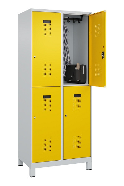 C+P Doppelstöckiger Spind Evolo PLUS, mit Füßen, 4 Fächer, 1950x800x500mm, 7035, Frontfarbe RAL 1023 Verkehrsgelb, Zylinderschloss, 049310-22 S10028