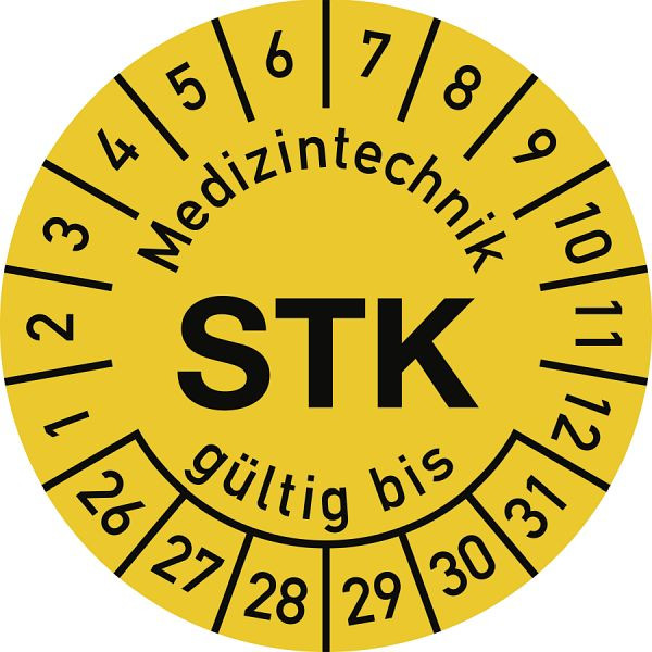 Moedel Prüfplakette Medizintechnik STK 2026-2031, Polyesterfolie, Ø 15 mm, VE: 10 Stück/Bogen, 107205