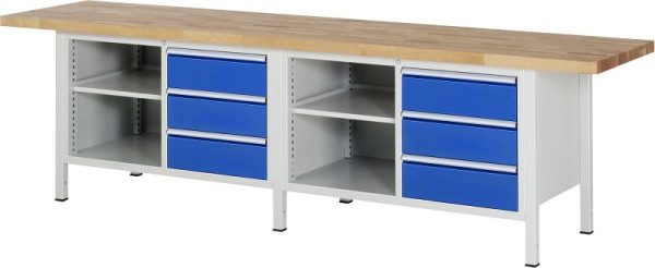 RAU Werkbank Serie 8000 - Gestell-Bauweise (Schweißgestell), Doppel-Unterbau-Container (1x Fachboden, 3x Schublade), 3000x840x700 mm, 03-8462A2-307B4S.11