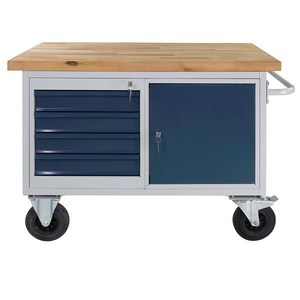 ADB Mobile Werkbank "Typ Tischwagen" mit 1 Tür und 4 Schubladen, 840x1300x600 mm, Farbe Tischwagen: lichtgrau, Farbe Tür/Schubladen: Anthrazitgrau, 44742