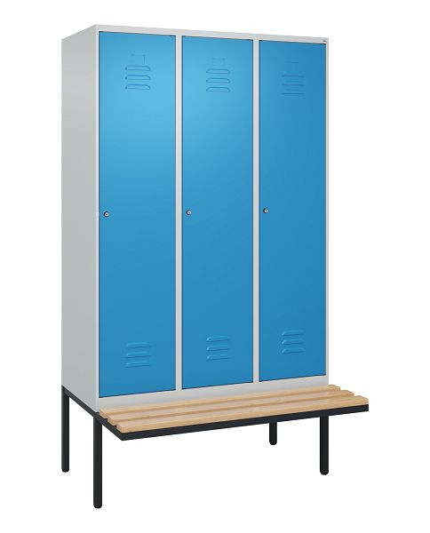 C+P Umkleidespind Classic PLUS, 3 Abteile, 2120x1200x815mm, 7035/5012, Zylinderschlösser, Buche-Sitzleisten, je 2 Doppel-Haken, 0800407-32F S10048