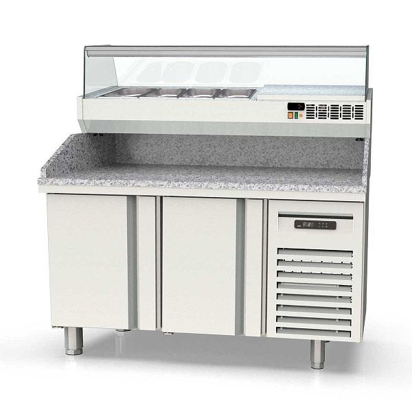 Vaiotec TOPLINE Pizzatisch 600 / 2-fach mit Türen, Granitplatte grau, inkl. Kühlaufsatz, GN 1/4, Breite: 1495 mm, 11623