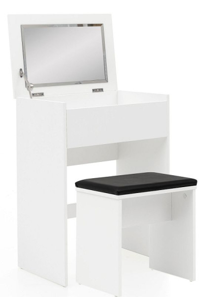 Wohnling Schminktisch 60x81x40 cm Weiß Konsolentisch Holz Modern, Kosmetiktisch mit Hocker und Spiegel, Weißer Frisiertisch mit Klappfach, WL5.730