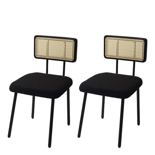 Mendler 2er-Set Esszimmerstuhl HWC-K88, Lehnstuhl Stuhl, Holz Poly-Rattan Metall Bouclé, Stoff/Textil schwarz, 97708