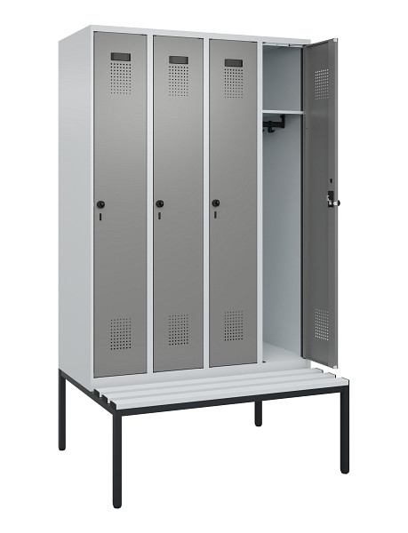 C+P Spind Evolo PLUS, 4 Abteile, 2120x1200x815mm, 7035/0004, Haken 3, Drehriegel, Sitzfläche Kunststoff, Sitzbank, 0490507-40 S10068