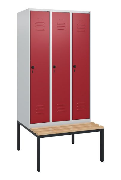 C+P Umkleidespind Classic PLUS, mit untergebauter Sitzbank, 3 Abteile, 1950x900x815mm, 7035/3003, Drehriegel, Buche-Sitzleisten, 0800505-30 S10001