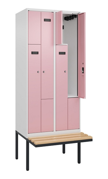 C+P Z-Spind Evolo PLUS, Bank, 4 Fächer, 2120x800x815mm, 9016/3015, Zylinderschloss, Sitzfläche Holz, 0490437-224 S10045