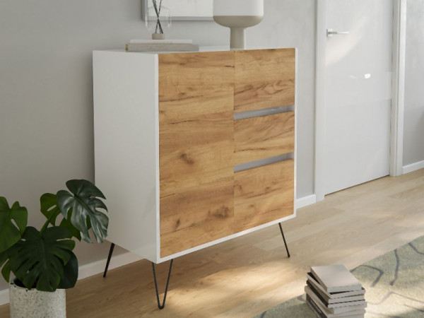 Posseik Sideboard Industrial K 80cm 3 Schubladen 1 Tür Weiß/Eiche Front, PN2088X0000034DE
