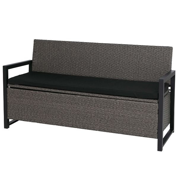 Mendler Poly-Rattan 3er Sitzbank HWC-F39, Gartenbank Truhenbank, Staufach Aufbewahrung Sitzkissen, grau, Kissen schwarz, 76595+76609
