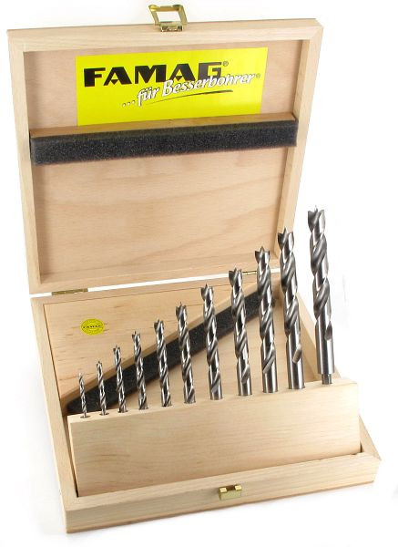 Famag Holzspiralbohrer HSS-G Bits lang, 11-teilig im Holzkasten Ø 3, 4, 5, 6, 7, 8, 9, 10, 11, 12, 13 mm, 1597.511.00