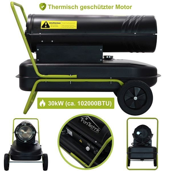 TroniTechnik Heizkanone, Diesel betrieben, 230 V, Heizleistung 30 kW, 36 l Tank, Thermostat, Digitale Temperaturanzeige, Überhitzungsschutz, Räder, 4038