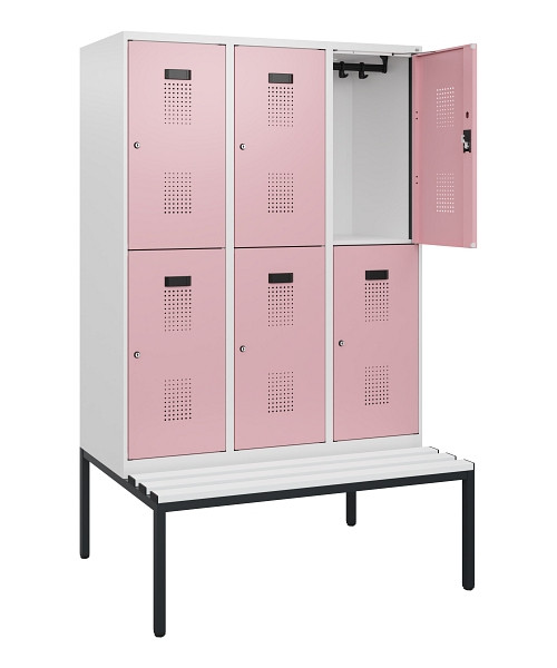 C+P Doppelstöckiger Spind Evolo PLUS, Bank, 6 Fächer, 1950x1200x815mm, 9016/3015, Zylinderschloss, Sitzfläche Kunststoff, Sitzbank, 0493505-32 S10153