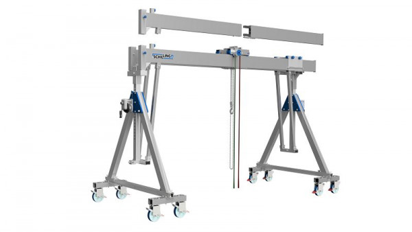 SCHILLING Alu Portalkran, fahrbar unter Last, klappbar, teilbarer 4 m Träger, klein, Traglast 2.000 kg, Verstellbereich Trägerstütze: 1150 mm, 14602040-48
