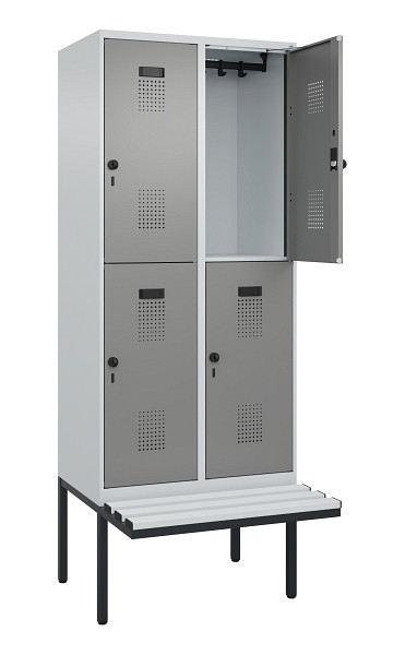 C+P Doppelstock-Spind Evolo PLUS, Bank, 4 Fächer, 2120x800x815mm, 7035/0004, Drehriegel, Sitzfläche Kunststoff, 0493407-22 S10095