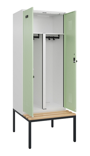 C+P PSA Doppel-Spind Evolo PLUS, Bank, 2 Abteile, 2120x800x815mm, 9016/6019, Drehriegel, Sitzfläche Buche-Hartholz, Sitzbank, 0490527-22P S10019