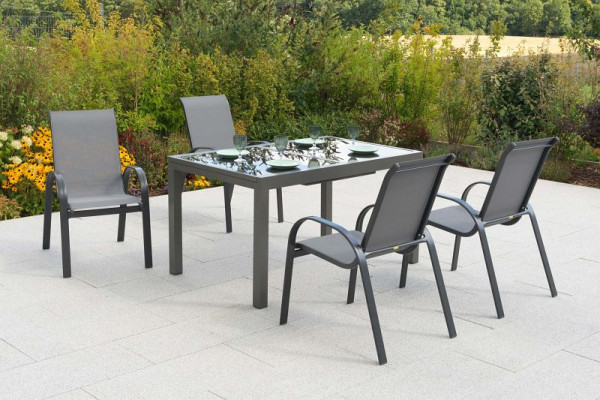 Merxx Amalfi Set 5-teilig, 4 Amalfi Stapelsessel, 1 Ausziehtisch 150 (210) x 90 cm, graue Glasplatte, Graphit/grau, 51103-309