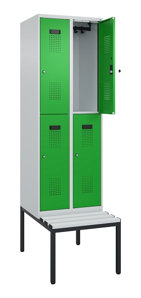 C+P Doppelstock-Spind Evolo PLUS, Bank, 4 Fächer, 2120x600x815mm, 7035/6037, Zylinderschloss, Sitzfläche Kunststoff, Sitzbank, 0493507-20 S10119
