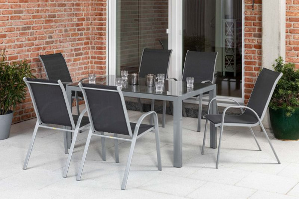 Merxx Sorrento Set 7-teilig, 6 Stapelsessel, 1 Tisch 150 x 90 cm, moderne Optik, graue Glasplatte, Silber/anthrazit, 50280-307