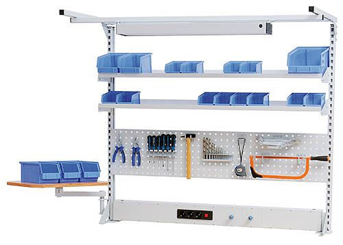 Bedrunka+Hirth Multi-Wand-Aufbau workline mit Obergestell, 1x Energiekanal, 1x Lochwand, 2x Fachboden, 1500 x 750 x 1250 mm, 03.9001524WL
