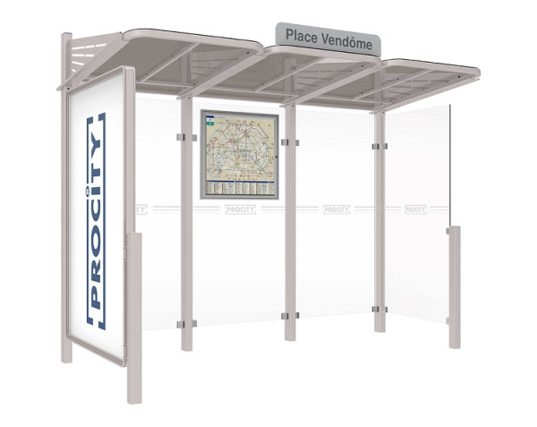 Procity Wartehalle Convi® - Standard - 1 Doppelseitiger Schaukasten "2000" Links + 1 Seitenverkleidung Rechts, Farbe RAL 7044, 529386.7044
