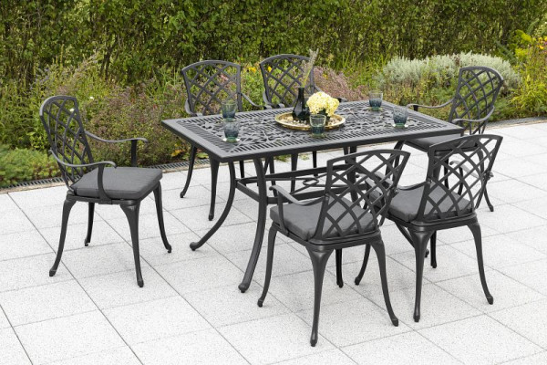 Merxx Rhodos Set 13-teilig, 6 Rhodos Sessel mit Armlehne, 6 Sitzkissen, uni grau, 1 Tisch 140 x 80 cm, Aluminiumguss, 50186-800