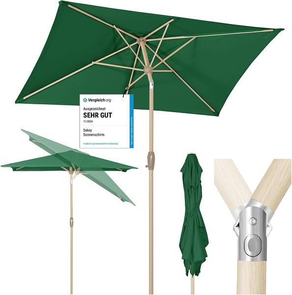Sekey Aluminium Sonnenschirm mit Kurbel und Knicker, 210 x 140 cm Rechteckig für Balkon Garten & Terrasse UV 50+, grün, UB50