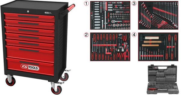KS Tools ECOline SCHWARZ/ROT Werkstattwagen mit 7 Schubladen und 515 Premium-Werkzeugen, 897.7515