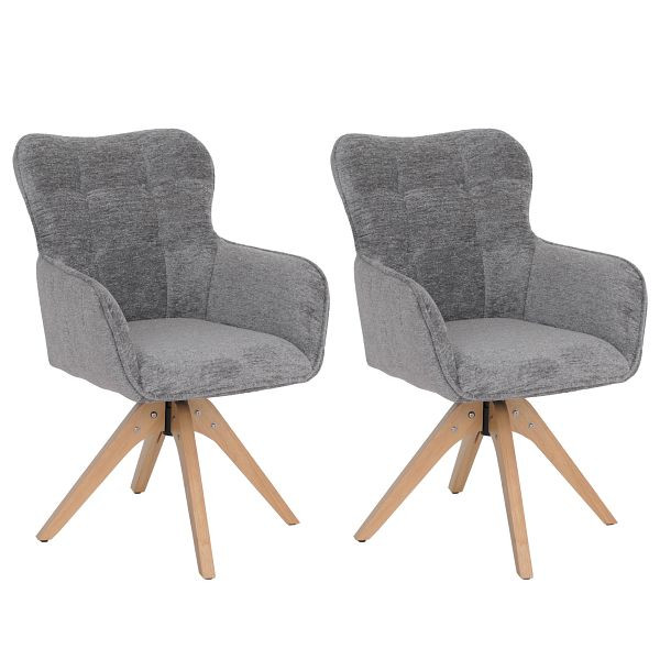 Mendler 2er-Set Esszimmerstuhl HWC-Q35, Küchenstuhl Armlehne drehbar Auto-Return, Stoff Chenille (680g/m²) Holz MVG, grau, 130703