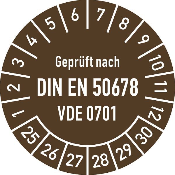 Moedel Prüfplakette DIN EN 50678, VDE 0701, 2025-2030, Folie, Ø 30mm, VE: 10 Stück/Bogen, 108547