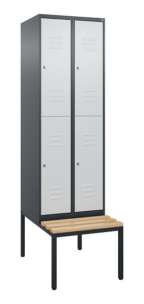 C+P Doppelstöckiger Spind Classic PLUS, 2 Abteile, 2120x600x815mm, 7016/7035, Zylinderschlösser, Buche-Sitzleisten, Sitzbank, 0803507-20 S10103