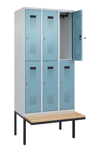 C+P Doppelstock-Spind Evolo PLUS, Bank, 6 Fächer, 2120x900x815mm, 7035/0010, Zylinderschloss, Sitzfläche Buche-Hartholz, 0493407-30 S10036