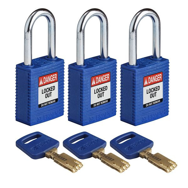 Brady Vorhängeschlösser SafeKey, Stahlbügel, lichte Bügelhöhe 38,10 mm, blau, VE: 3 Stück, 311881