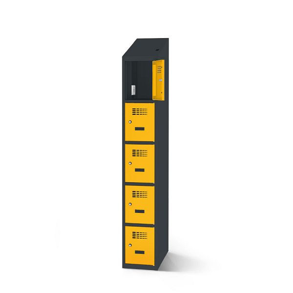 Rotstahl Fächerschrank, 5 Fächer, kurzer Sockel, mit Ladefunktion, Schrägdach, Korpus: anthrazitgrau, Türen: verkehrsgelb, 2180-010500-0401112-7016-1023