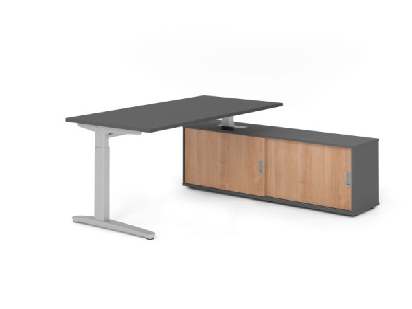 Hammerbacher Schreibtisch XB16, 160x80cm, Platte: Graphit, 25mm dick, C-Fuß Gestell Silber, höheneinstellbar, Graphit / Nuss, VXBE16SB/G/S/G/N