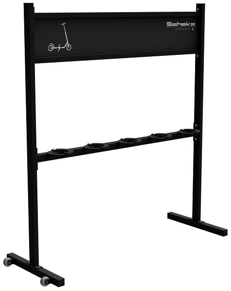 Schake Scooterständer mit Werbeschild, mit Möglichkeit zum Sichern der Scooter, mit Transportrollen, verzinkt, beschichtet in RAL 9005, 420_90B