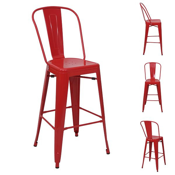 Mendler 4er-Set Barhocker HWC-A73, Barstuhl Tresenhocker mit Lehne, Metall Industriedesign, rot, 4x59869