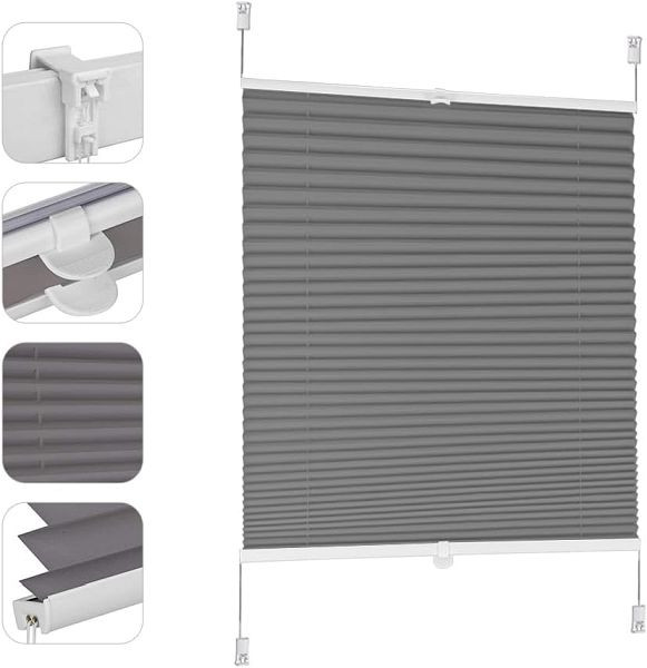 Sekey Plissee ohne Bohren Verdunkelung, Fenster Klemmfix Jalousie, Verspannt Blickdicht Sonnenschutz, 70 x 120 cm, Grau, BL-1206