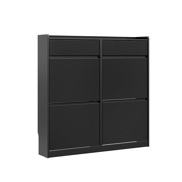 SoBuy Schuhschrank Schwarz mit 4 Klappen, Schuhregal mit 2 Schubladen, Schuhkommode aus MDF, 98×19×95 cm, Tragkraft 39 kg, FSR169-SCH