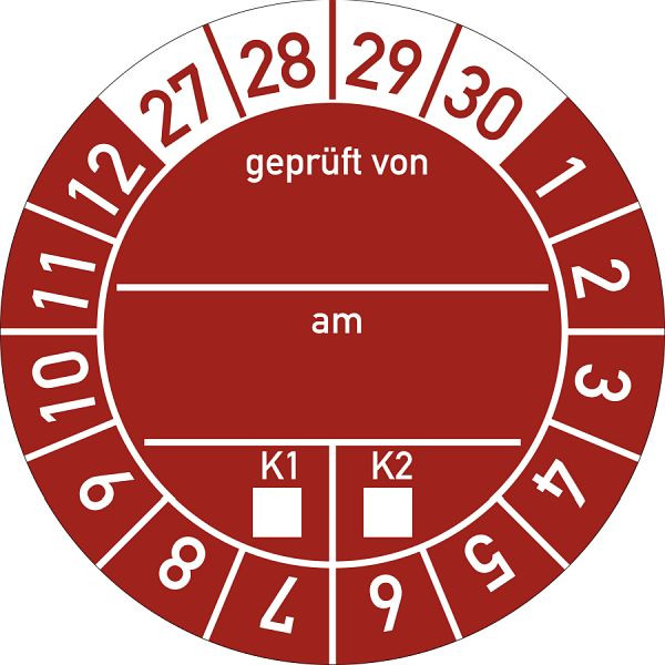 Moedel Prüfplakette geprüft von am K1/K2 2027 - 2030, Folie, Ø 30 mm, VE: 10 Stück/Bogen, 108250