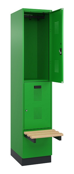 C+P Doppelstock-Spind Evolo PLUS, Bank, 2 Fächer, 1950x400x815mm, 6037/6037, Zylinderschloss, Sitzfläche Buche-Hartholz, mit Sockel, 049340-12 S10053
