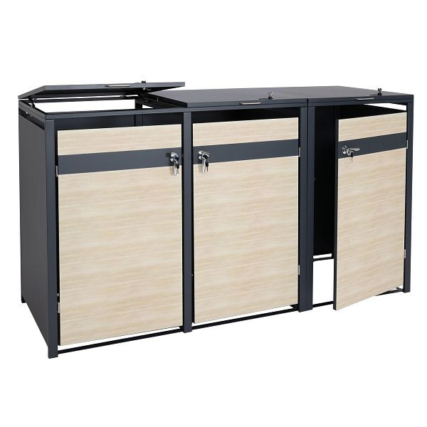 Mendler 3er Mülltonnenverkleidung HWC-J82, Mülltonnenbox, erweiterbar, Metall 80kg, anthrazit, Buche-Holzoptik hellbraun, 83356+83357+83358