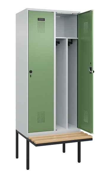 C+P Spind Evolo PLUS, 2 Abteile, 2120x800x815mm, 7035/6011, Haken 4, Drehriegel, Sitzfläche Holz, Trennwand, 0490407-22F S10010
